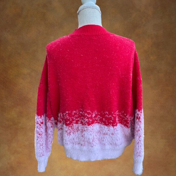 ANDTHEWHY Fuzzy Snowflake Red and White Ombre Thick Winter Sweater M/L - Picture 8 of 9
